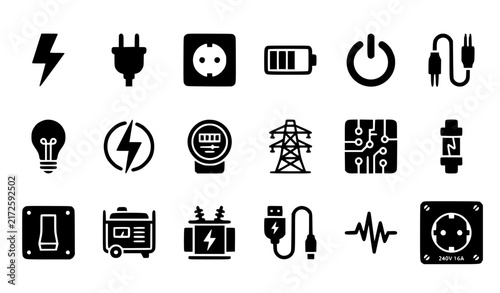 Electricity and Power Energy Glyph Pictogram Vector Icon Set for Web and Mobile