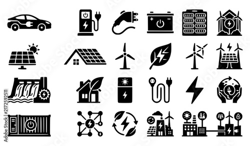 Electric Vehicle and Renewable Energy Glyph Vector Icon Set for Digital Applications