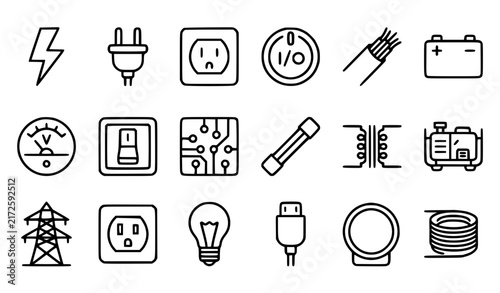Electricity Electrical Components and Power Editable Stroke Outline Vector Icon Set
