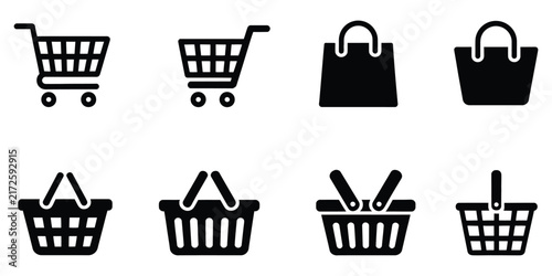 Shopping cart icon with black cart and shopping bag symbols for online retail, e-commerce platforms, checkout pages, and digital interface