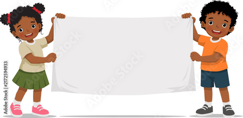 Two African children holding big blank banner for advertising
