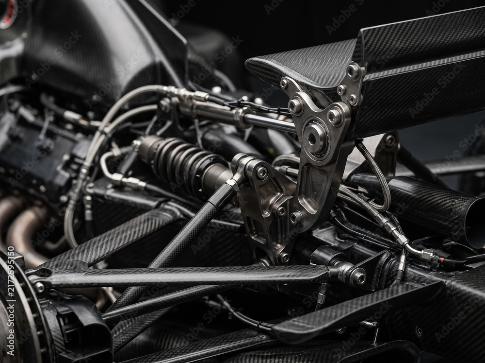 Naklejka premium detailed close up view of internal suspension and mechanical components of a formula 1 racing car made of carbon fiber and titanium in a workshop before assembly
