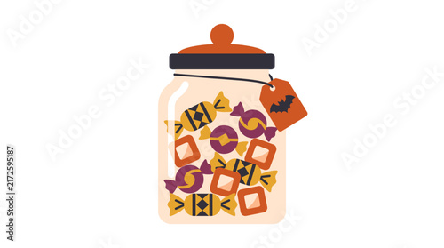 Glass Jar Filled with Assorted Halloween Candies and a Bat Tag