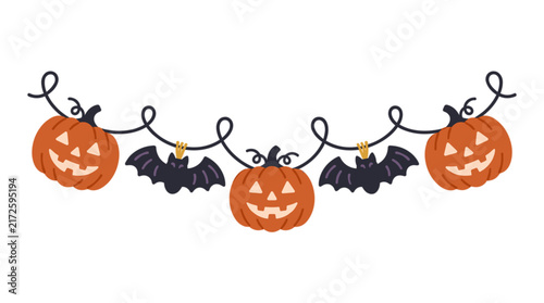 Halloween Garland with Jack-o'-lantern Pumpkins and Hanging Bats On a String