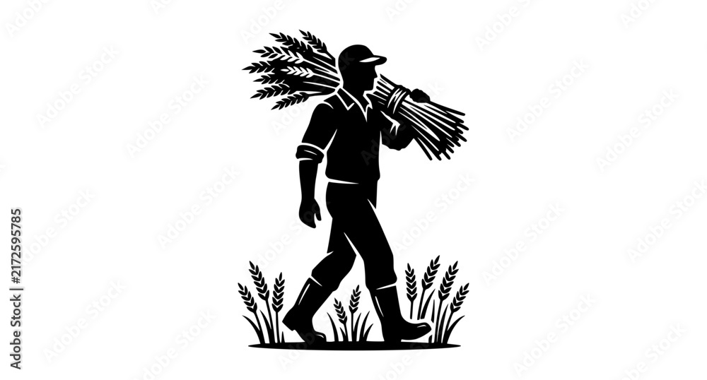 Fototapeta premium Farmer Carrying Harvested Wheat Bundle Agricultural Silhouette Vector