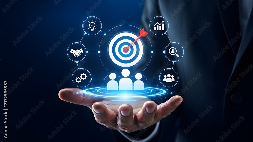 Fototapeta premium Business executive holding holographic projection of dartboard hitting bullseye symbolizing successful strategic goals and team collaboration.