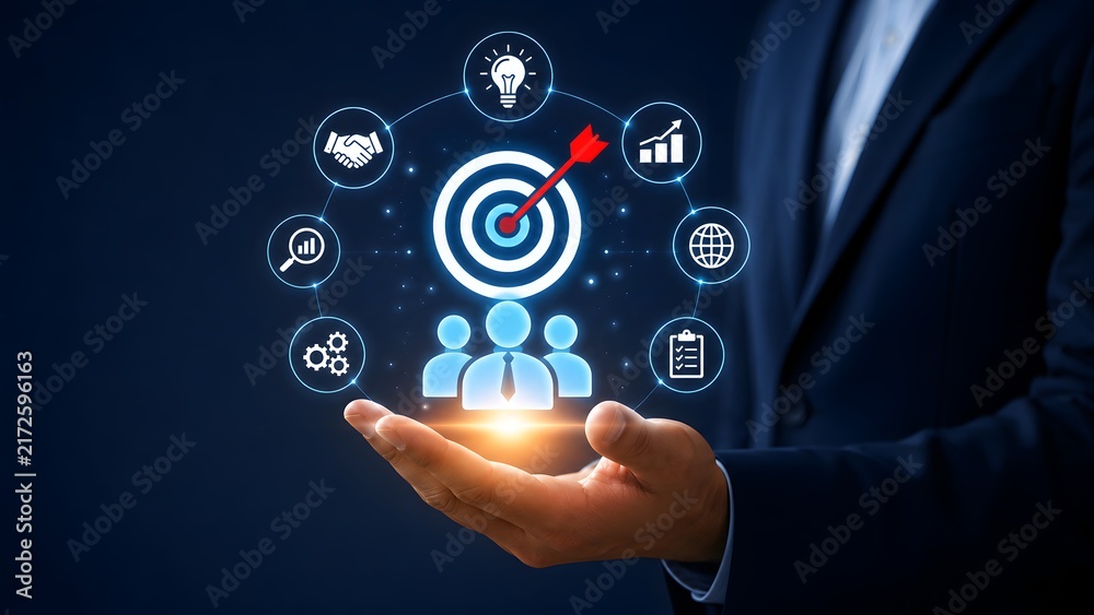 Fototapeta premium Business executive holding holographic target board with glowing icons representing strategic marketing goals and team management.