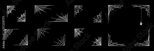 Foto Halloween corner border set, white spider web corners on black, creepy corner co