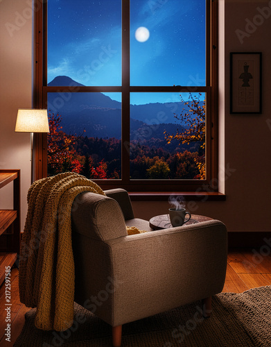 Fototapeta 部屋から月に照らされた山の風景を眺める