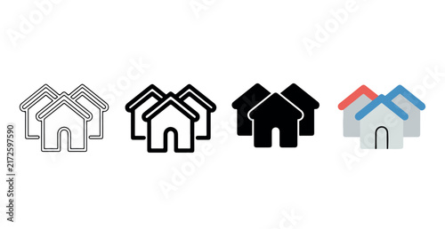 House location map pin vector icons set: Clipart, sticker - icon set - Line and glyph solid icon and logo template. home location pin icon. Residential house map marker and geolocation tracking 