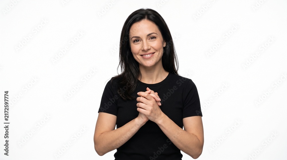 © Hasbian - Smiling woman with clasped hands looking hopeful and curious against a white background © Hasbian - Smiling woman with clasped hands looking hopeful and curious against a white background