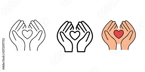 Two hands holding heart icon set. Love, care, health, compassion, community symbol. Heart in hand icon set in outlined drawings with flat version. Hands holding heart icon vector set featuring love, 