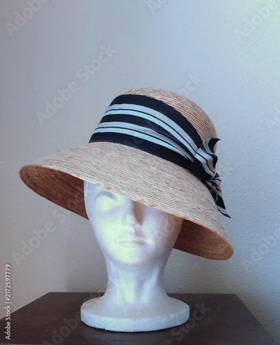 straw bucket hat with wide showy band 