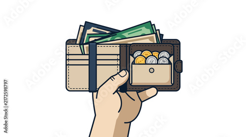 Hand Holding Open Wallet Filled with Paper Money Bills and Shiny Metal Coins for Financial Savings and Personal Wealth Management Concept