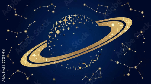 A golden ringed planet glows against a deep blue starry night sky background
