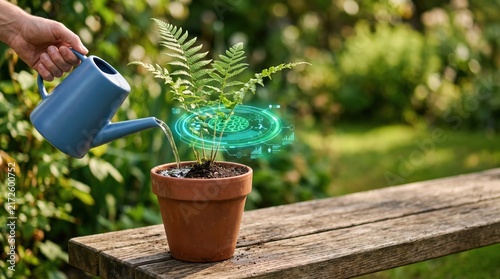 Watering a plant with futuristic digital interface overlay