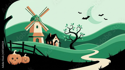 Halloween countryside scene with a windmill, pumpkins, a haunted house, and bats flying under a crescent moon