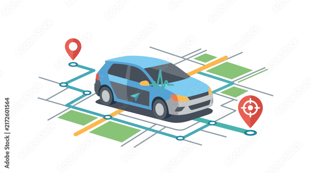 Fototapeta premium Isometric Illustration of a Car Navigating a City Route