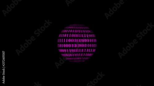 Digital binary code sphere rotating with pink glowing numbers on black backdrop.