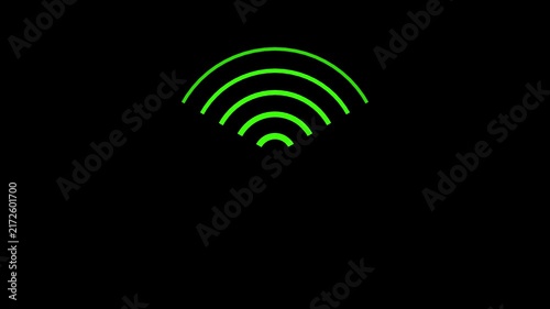 Wifi signal pulsing with waves emanating from center on black background motion.