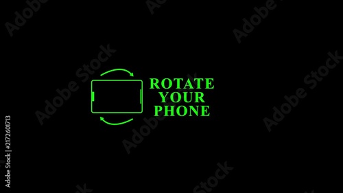 Rotate your phone text animation, green mobile device rotation prompt with black background.