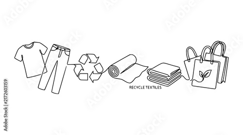 Textile Recycling Concept: Clothes, Recycle Symbol, Fabric Rolls, Bags