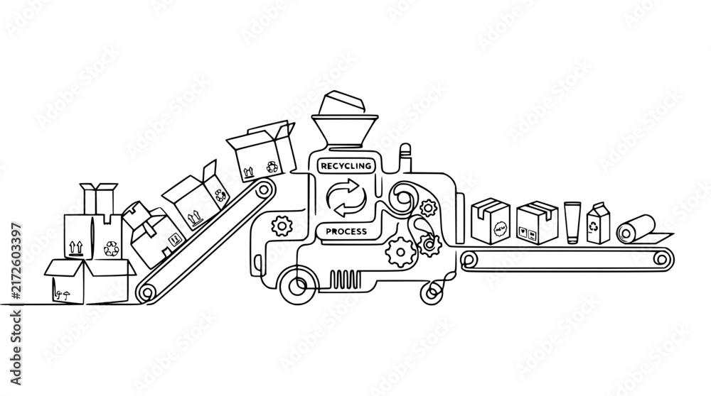 Obraz premium Recycling Process Machine with Boxes and Products on Conveyor Belt