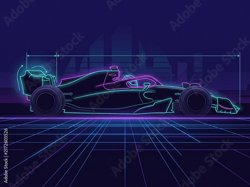 neon cyber blueprint formula race car profile view with technical dimensions lines synthwave glowing aesthetic dark futuristic grid city skyline background vector sport art poster