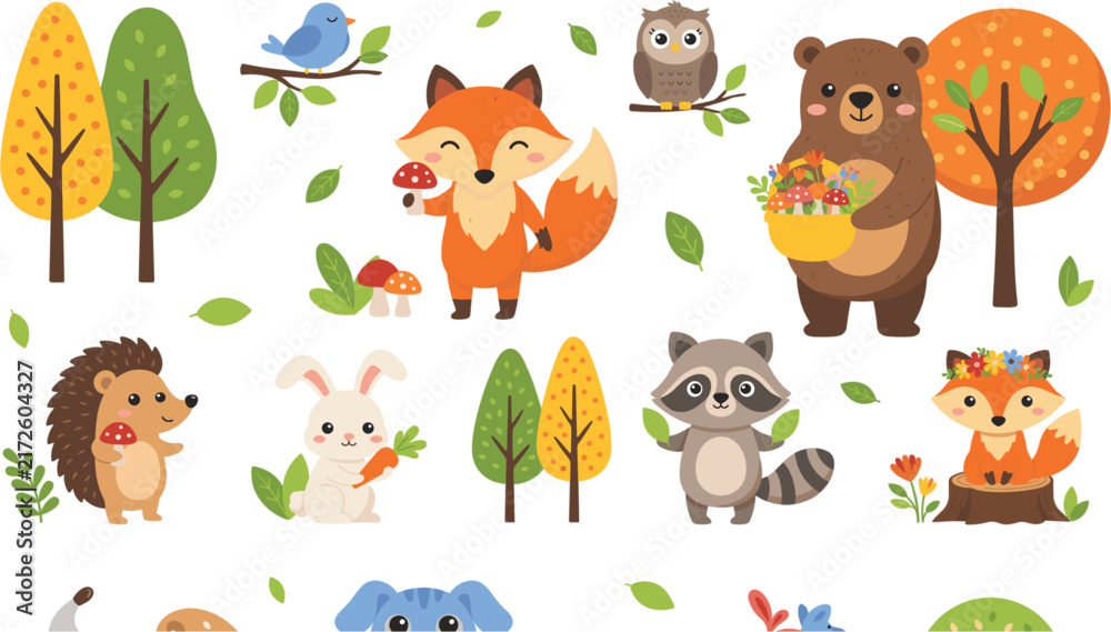 Naklejka premium Cute Woodland Forest Animals Clipart Vector Set with Fox, Bear, Raccoon, Hedgehog, Rabbit, Trees, and Leaves for Autumn Children Graphic Designs and Patterns