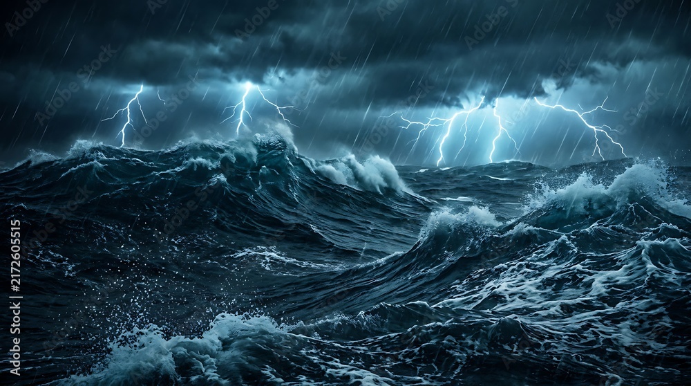 Naklejka premium Dark ocean waves with lightning in stormy sky