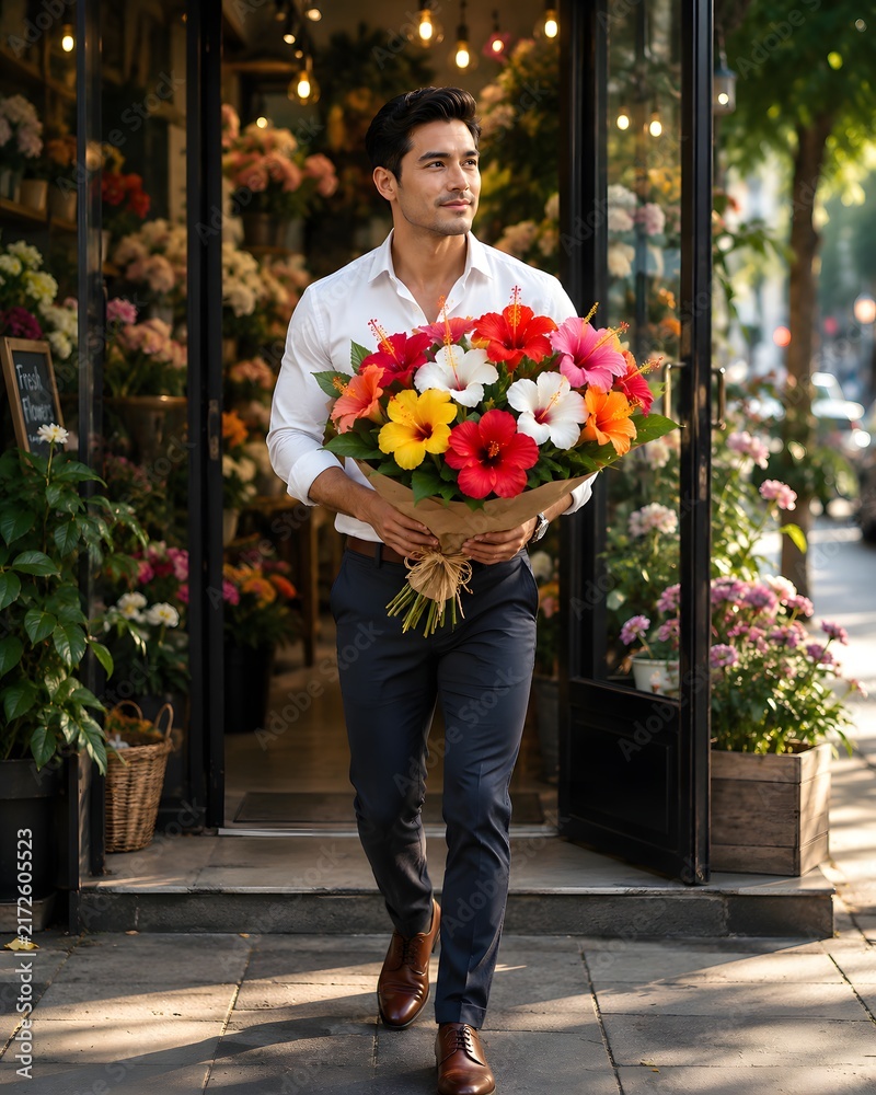 Fototapeta premium Handsome Man Holding Colorful Hibiscus Bouquet Outside Flower Shop