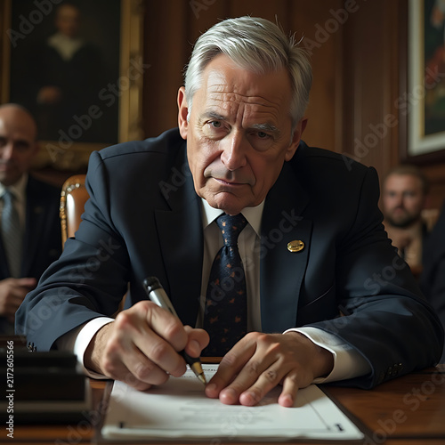 Senior Man in Suit Signing Document at Desk in Formal Room