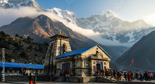 Temple with Blue Roof in Mountain Valley