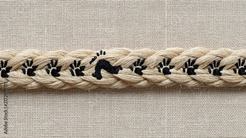 Close up of braided rope pattern with handprint embroidery and copy space