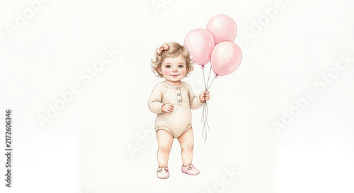 cute baby girl with pink balloon on white background