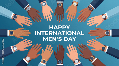 A conceptual vector illustration featuring a circle of diverse male hands wearing wristwatches, celebrating International Men's Day with a professional theme.