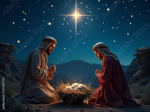 Three Wise Men Kneeling by Baby Jesus in a Nativity Scene at Night
