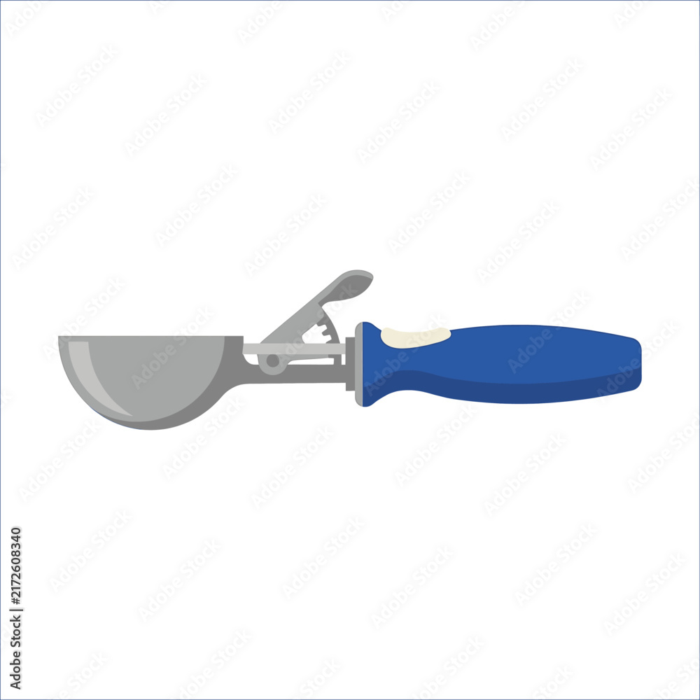 Fototapeta premium Vector illustration of a blue and silver ice cream scoop, a kitchen utensil ideal for portioning desserts, isolated on a white background