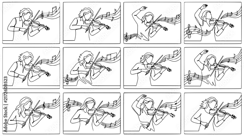 Fototapeta premium Violin Player Set: Dynamic Poses of Musician with Sheet Music on Transparent Background