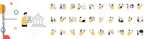 A collection of thirty flat vector illustrations depicting various concepts related to Central Bank Digital Currencies (CBDC) including digital transactions, banking, and financial technology