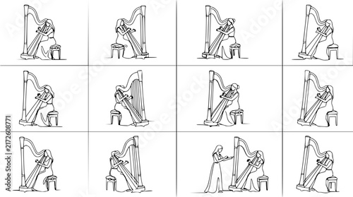 Bild auf Leinwand Harpist Playing Harp Line Art Isolated Transparent Background