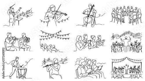 Obraz na płótnie Orchestra and Choir Performance Line Art Collection, Isolated Music Icons