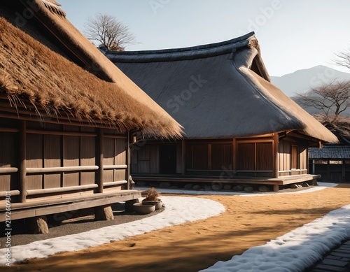 Hyper-realistic professional photo of Thatched roof gassho-zukuri farmhouses of Shirakawa-go in winter
