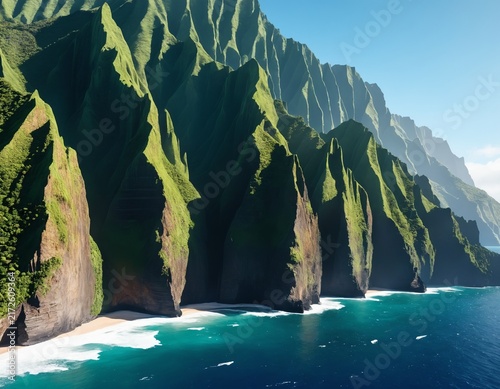 Hyper-realistic professional photo of Emerald green jagged cliffs of Na Pali Coast along the blue Pacific
