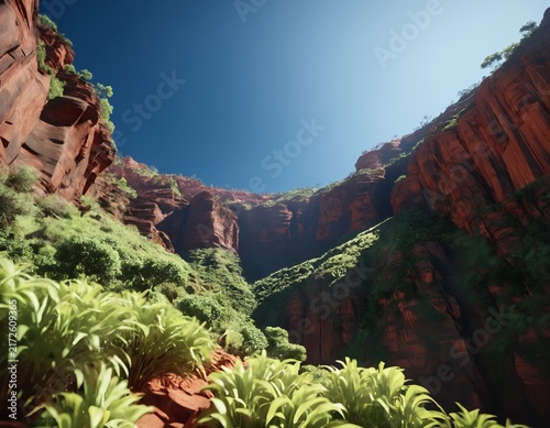 Hyper-realistic professional photo of Grand red rock gorge and lush greenery of Waimea Canyon
