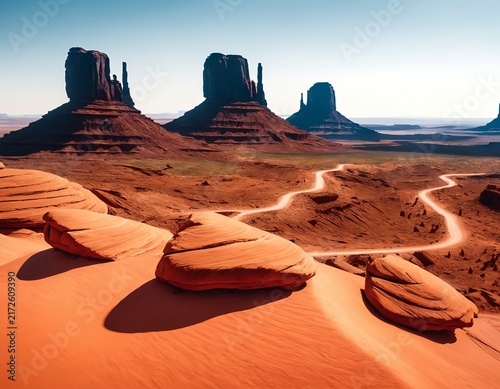 Hyper-realistic professional photo of Iconic red sandstone mittens and mesas of Monument Valley
