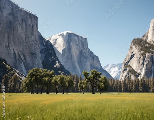 Hyper-realistic professional photo of El Capitan and Half Dome rising over Yosemite Valley meadow
