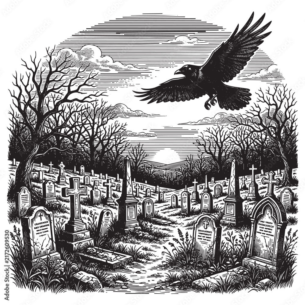 Naklejka premium flying crow over cemetery engraving