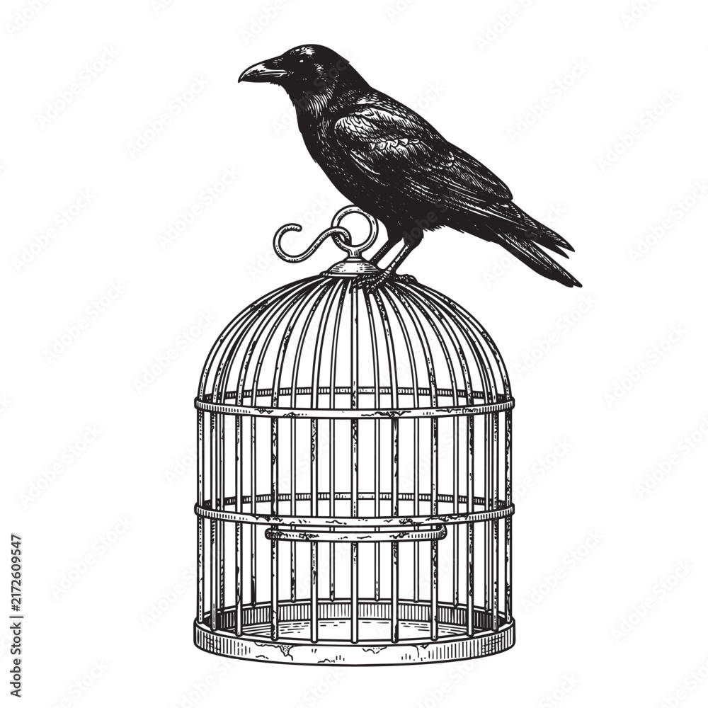 Naklejka premium raven birdcage perch engraving