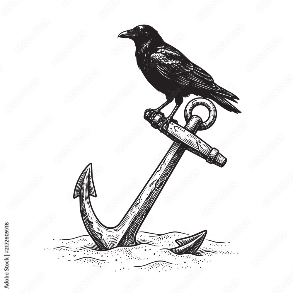 Naklejka premium raven perching rusty anchor engraving